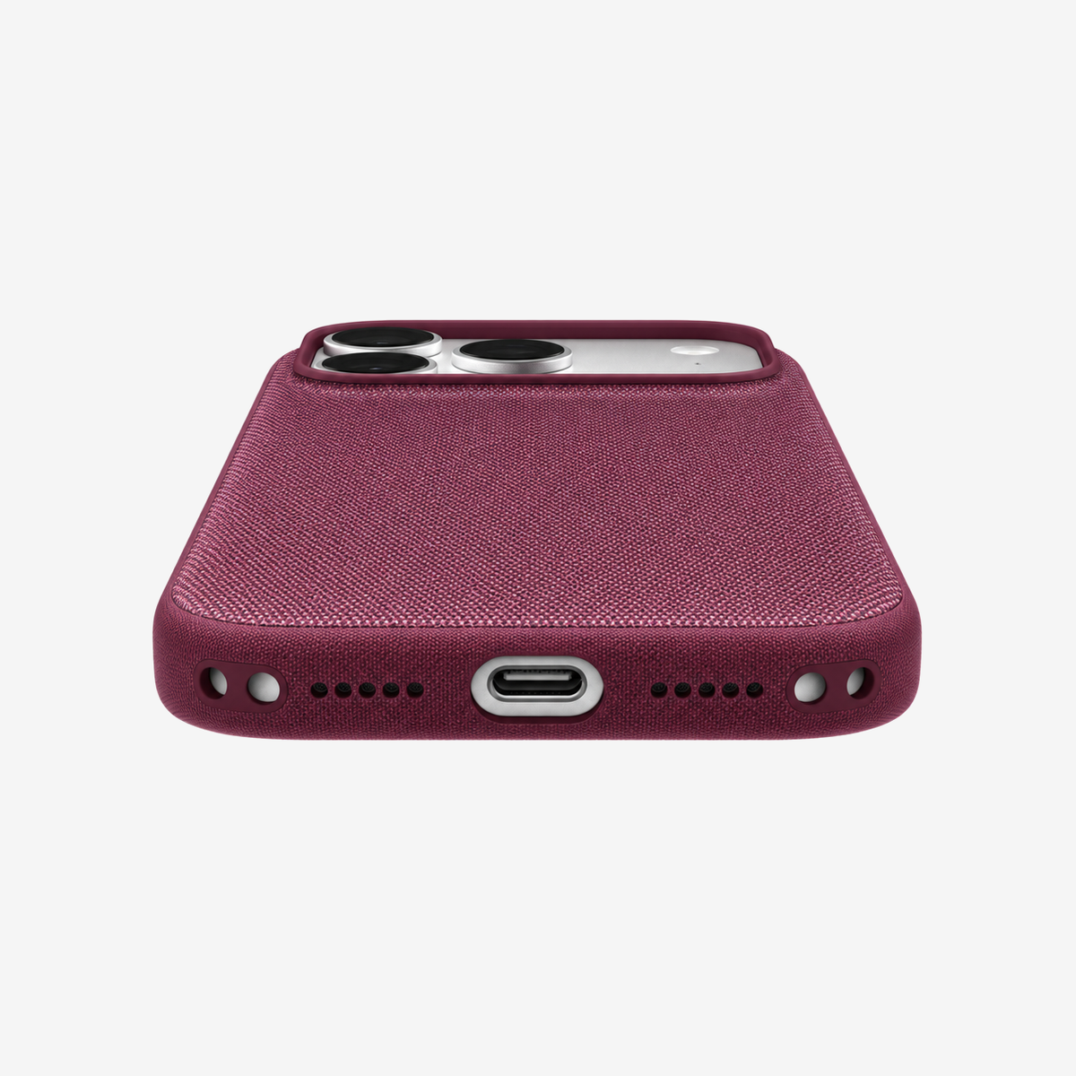Merkloos geweven hoesje voor iPhone 18 Pro in Moerbei, onderaanzicht, zonder logo, achtergrond #F5F5F5