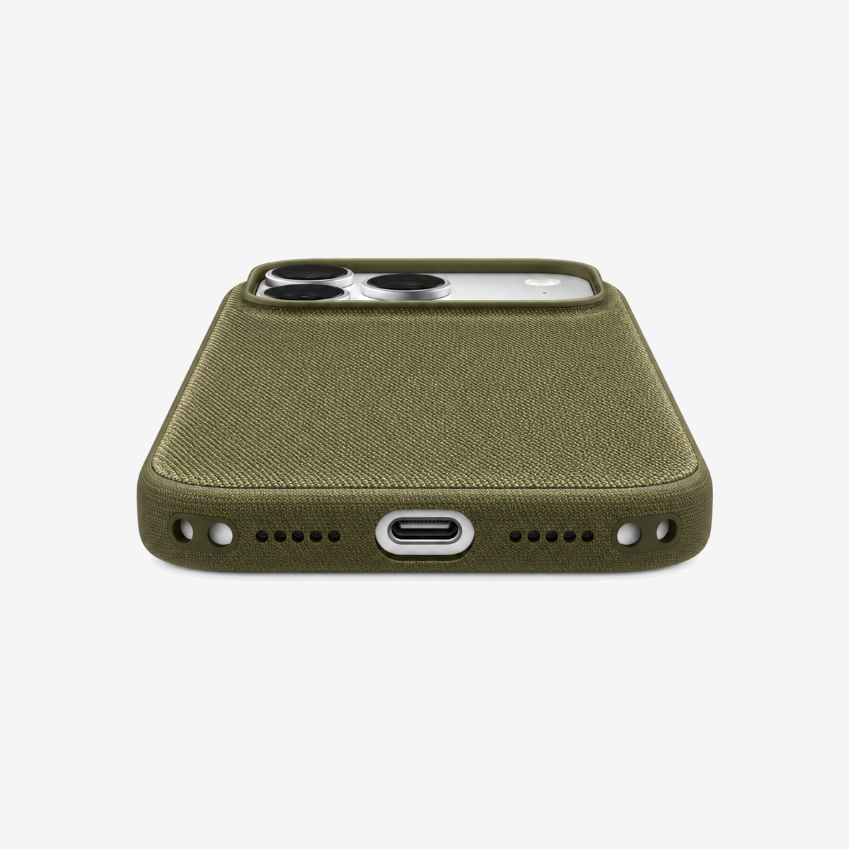 Merkloos geweven hoesje voor iPhone 18 Pro in Olijfgroen, onderaanzicht, zonder logo, achtergrond #F5F5F5