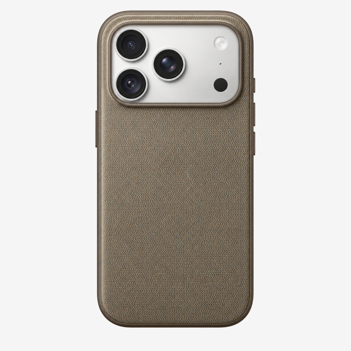 Merkloos geweven hoesje voor iPhone 18 Pro in Taupe, achteraanzicht, zonder logo, achtergrond #F5F5F5