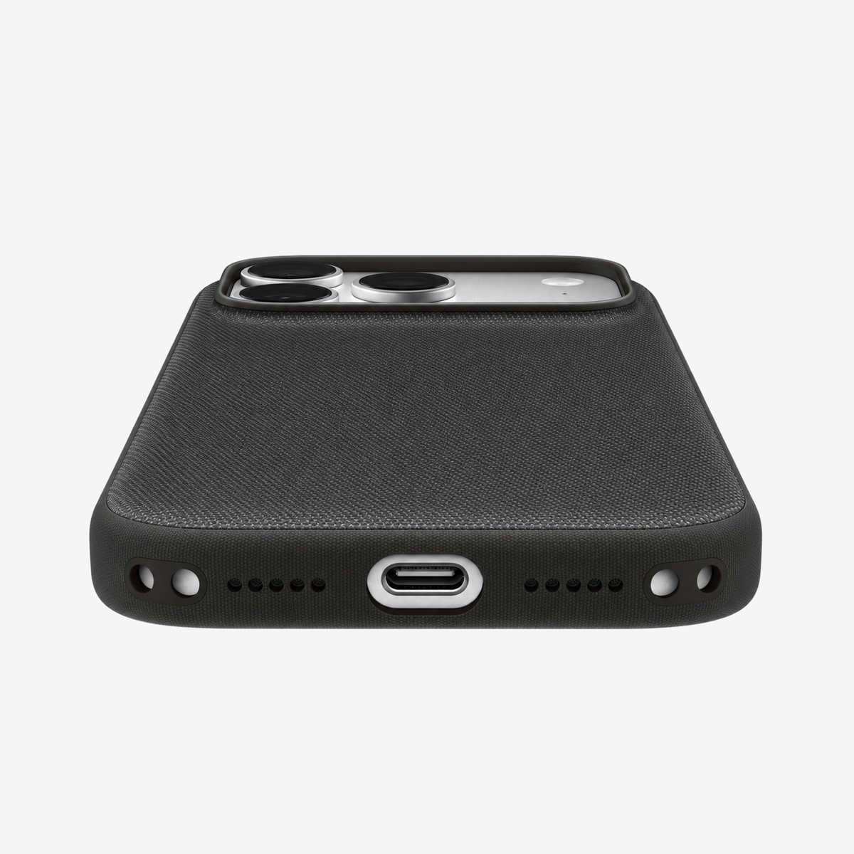Merkloos geweven hoesje voor iPhone 18 Pro in Zwart, onderaanzicht, zonder logo, achtergrond #F5F5F5