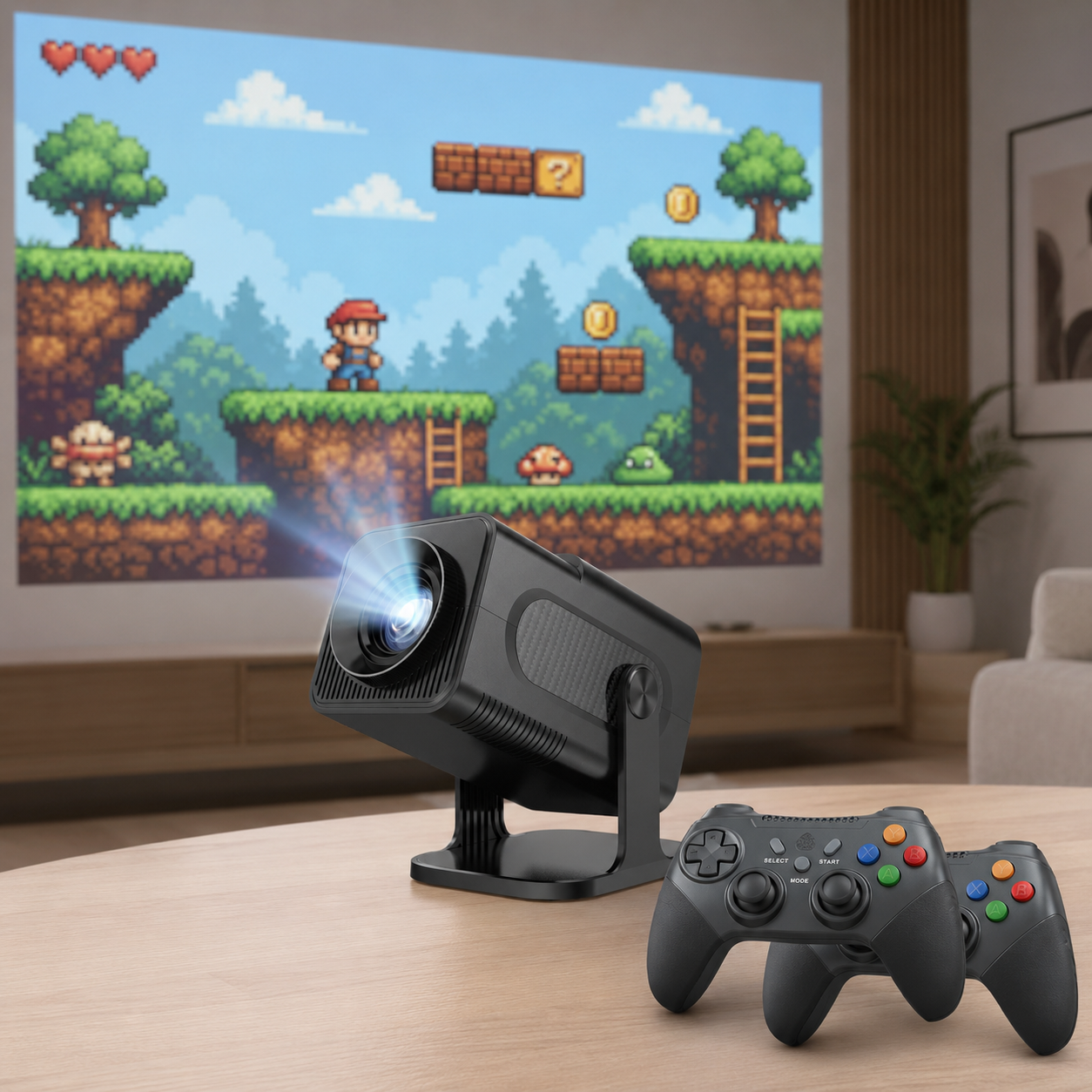 HCS350 Pro+ gaming projector met twee controllers en geprojecteerd retrogame