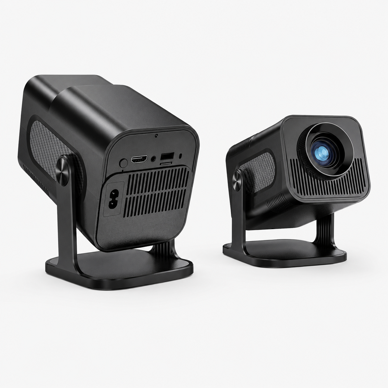 HCS350 Pro+ projector voor- en achteraanzicht met aansluitingen en verstelbare standaard