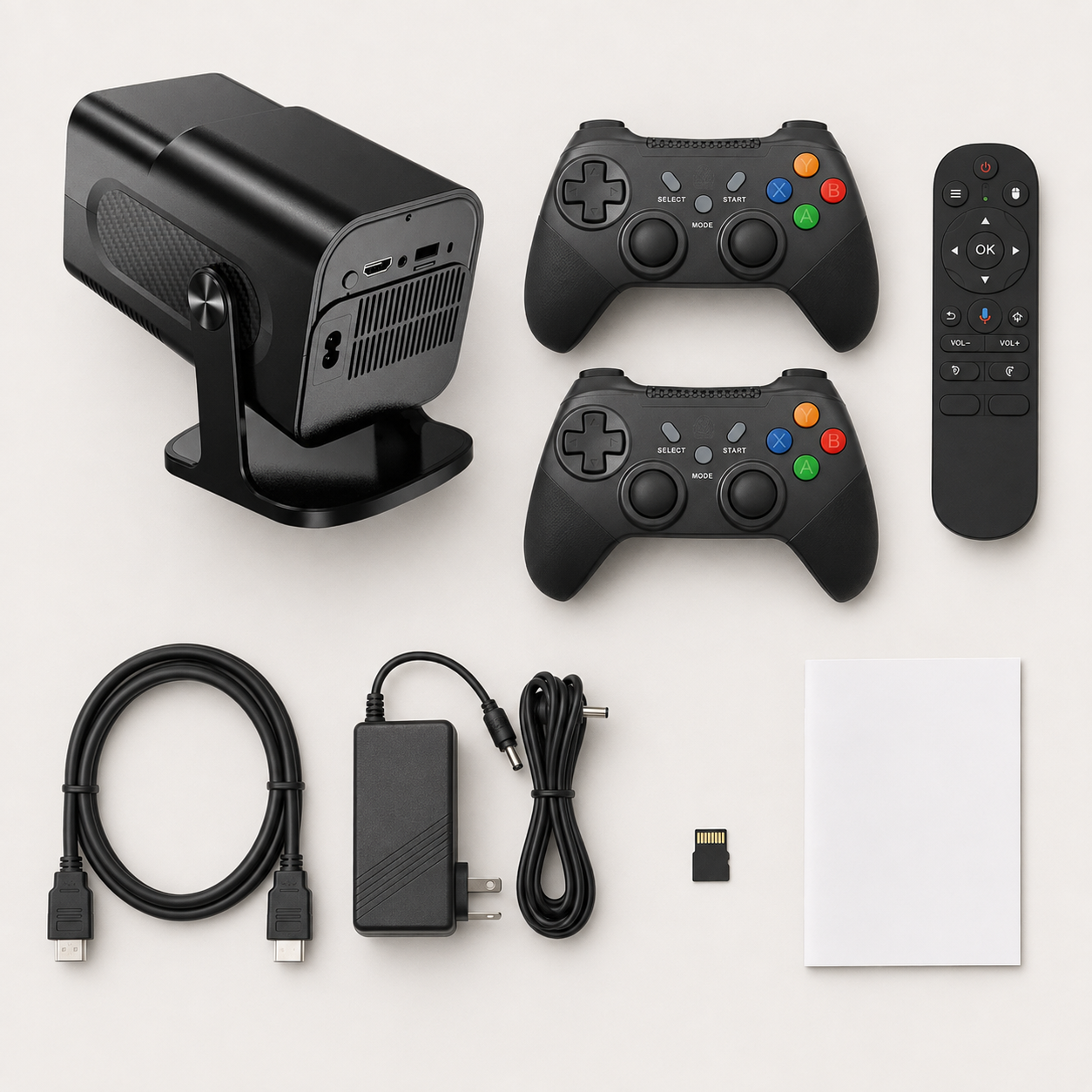 Inhoud HCS350 Pro+ projector set met controllers afstandsbediening kabels en TF kaart
