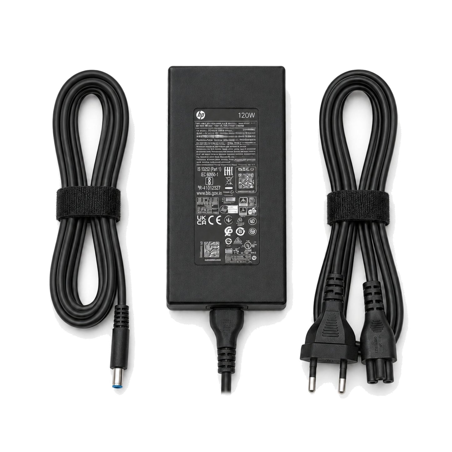 Originele HP 120W adapter met kabels strak en symmetrisch opgesteld