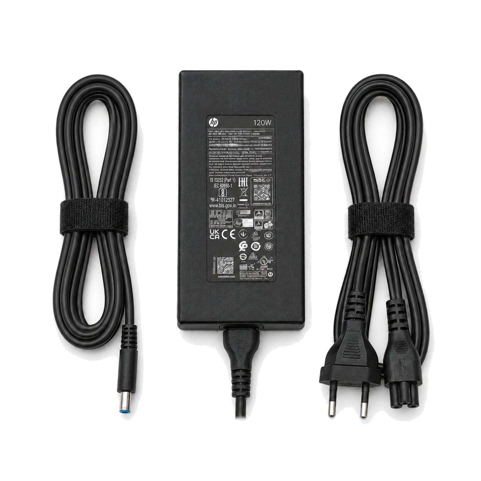 Originele HP 120W adapter met kabels strak en symmetrisch opgesteld