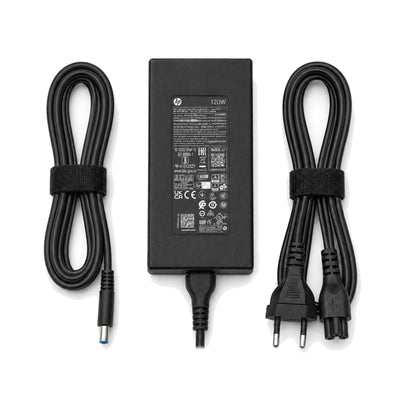 Originele HP 120W adapter met kabels strak en symmetrisch opgesteld