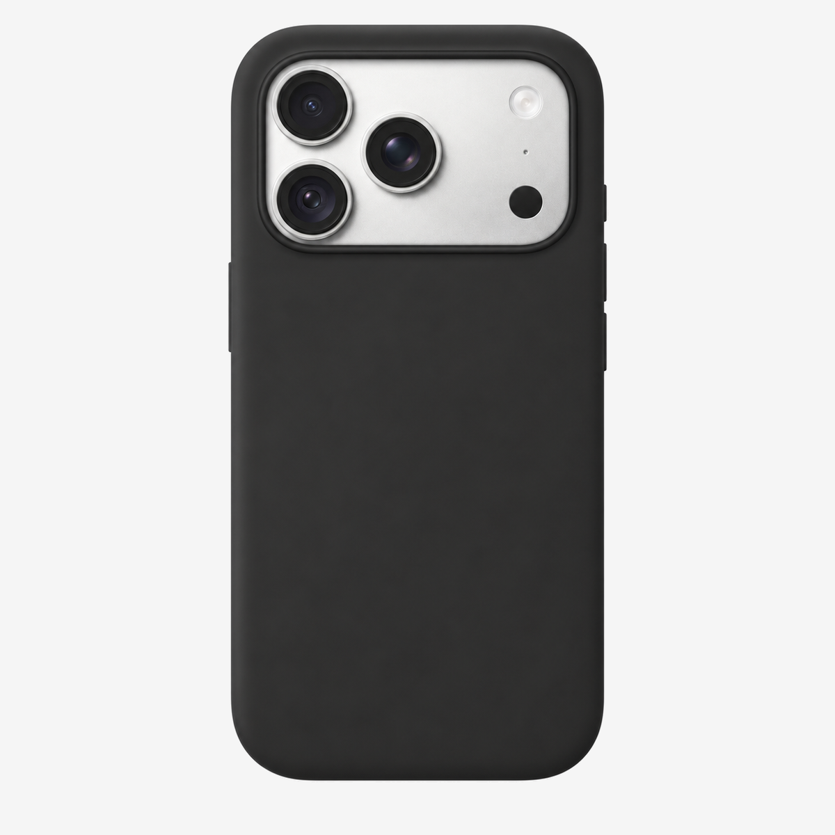 Siliconenhoesje voor iPhone 18 in Black, achteraanzicht, zonder logo op lichtgrijze achtergrond