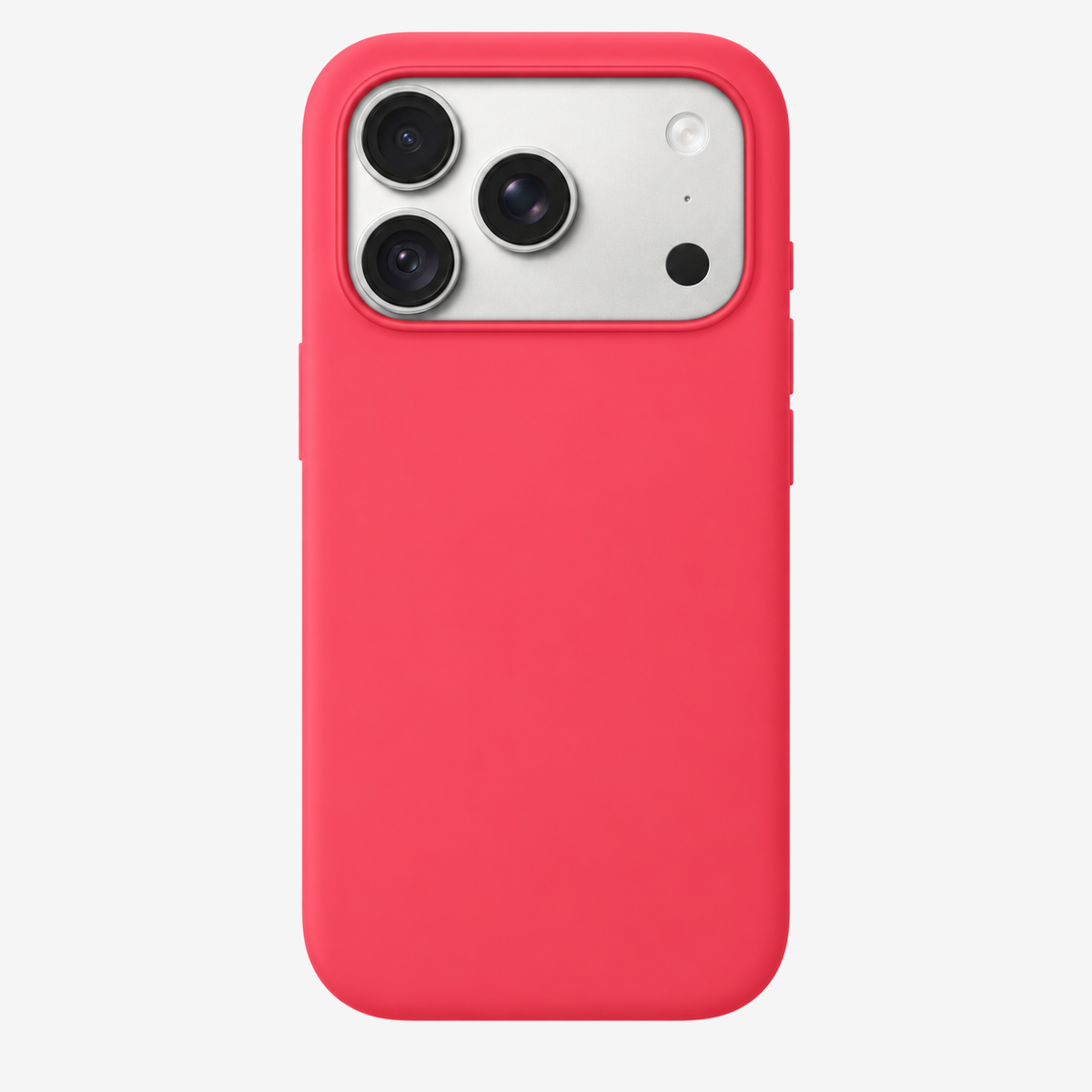 Siliconenhoesje voor iPhone 18 in Bright Guava, achteraanzicht, zonder logo op lichtgrijze achtergrond
