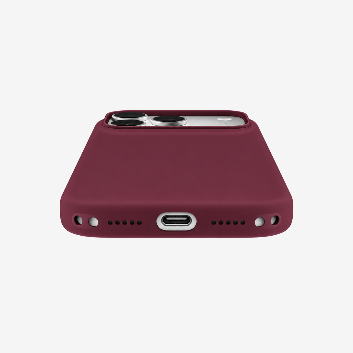 Siliconenhoesje voor iPhone 18 in Burgundy, onderaanzicht, zonder logo op lichtgrijze achtergrond
