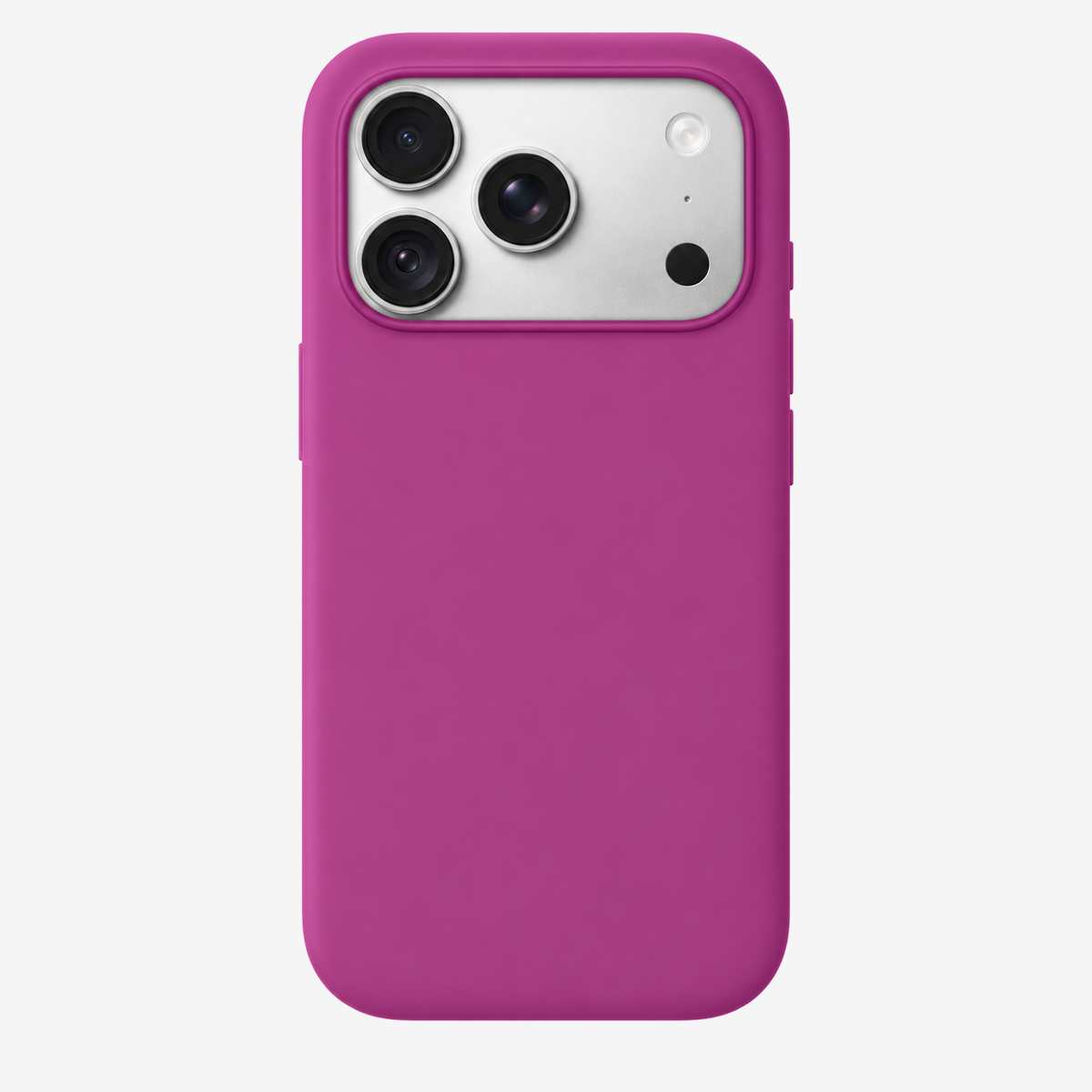 Siliconenhoesje voor iPhone 18 in Magenta, achteraanzicht, zonder logo op lichtgrijze achtergrond