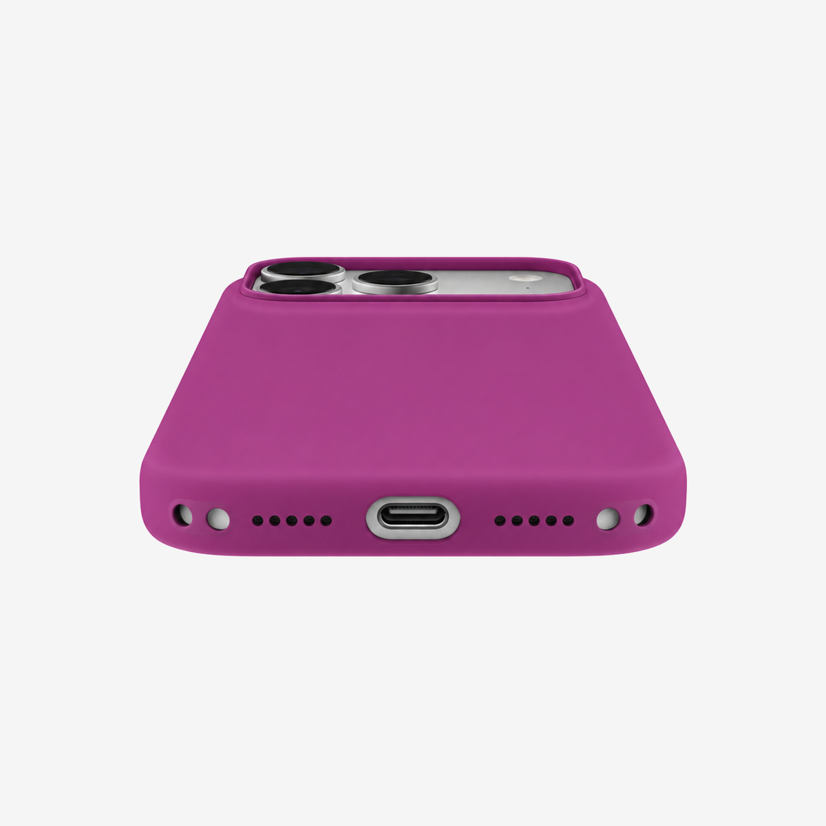 Siliconenhoesje voor iPhone 18 in Magenta, onderaanzicht, zonder logo op lichtgrijze achtergrond