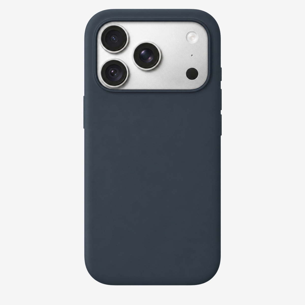 Siliconenhoesje voor iPhone 18 in Navy Blue, achteraanzicht, zonder logo op lichtgrijze achtergrond