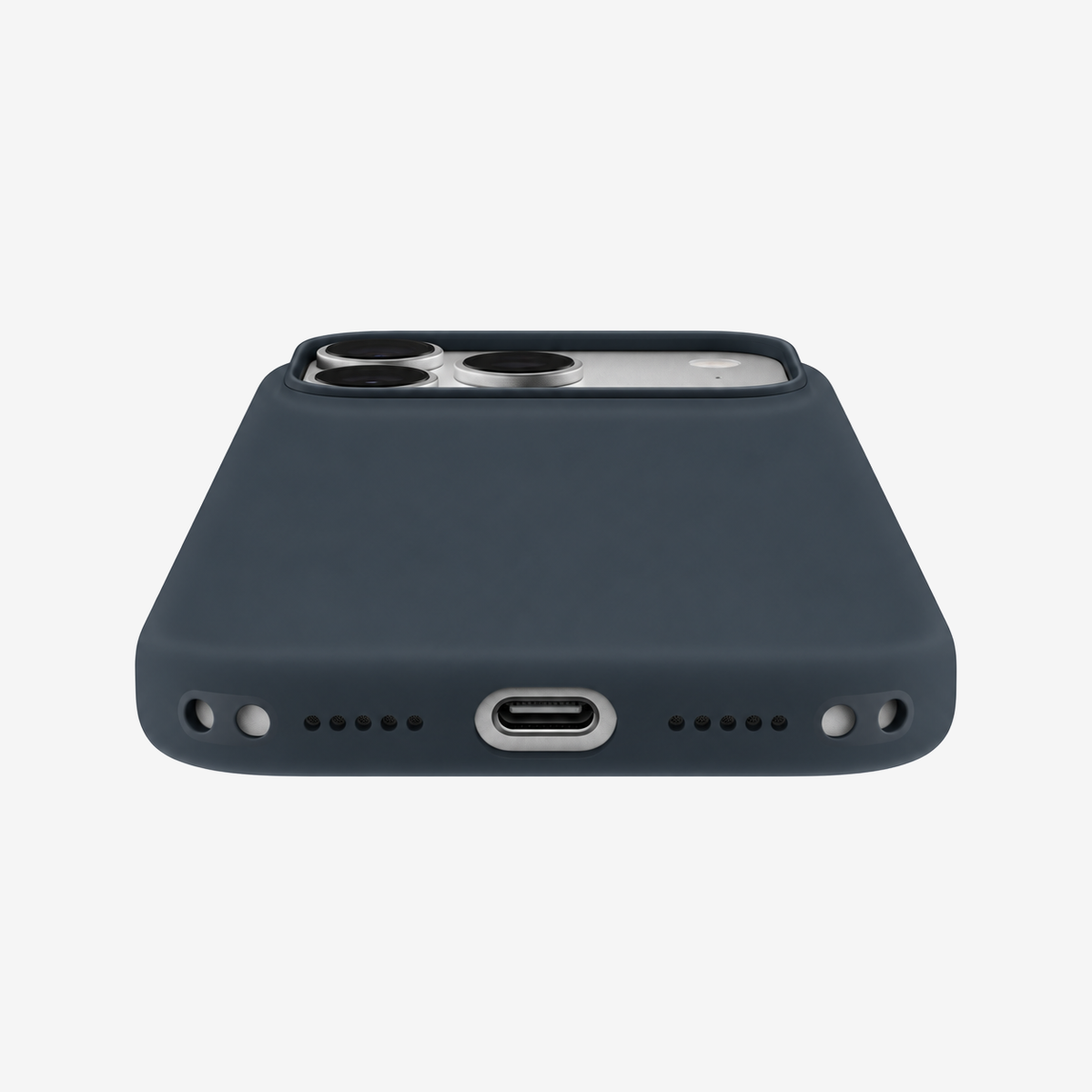 Siliconenhoesje voor iPhone 18 in Navy Blue, onderaanzicht, zonder logo op lichtgrijze achtergrond