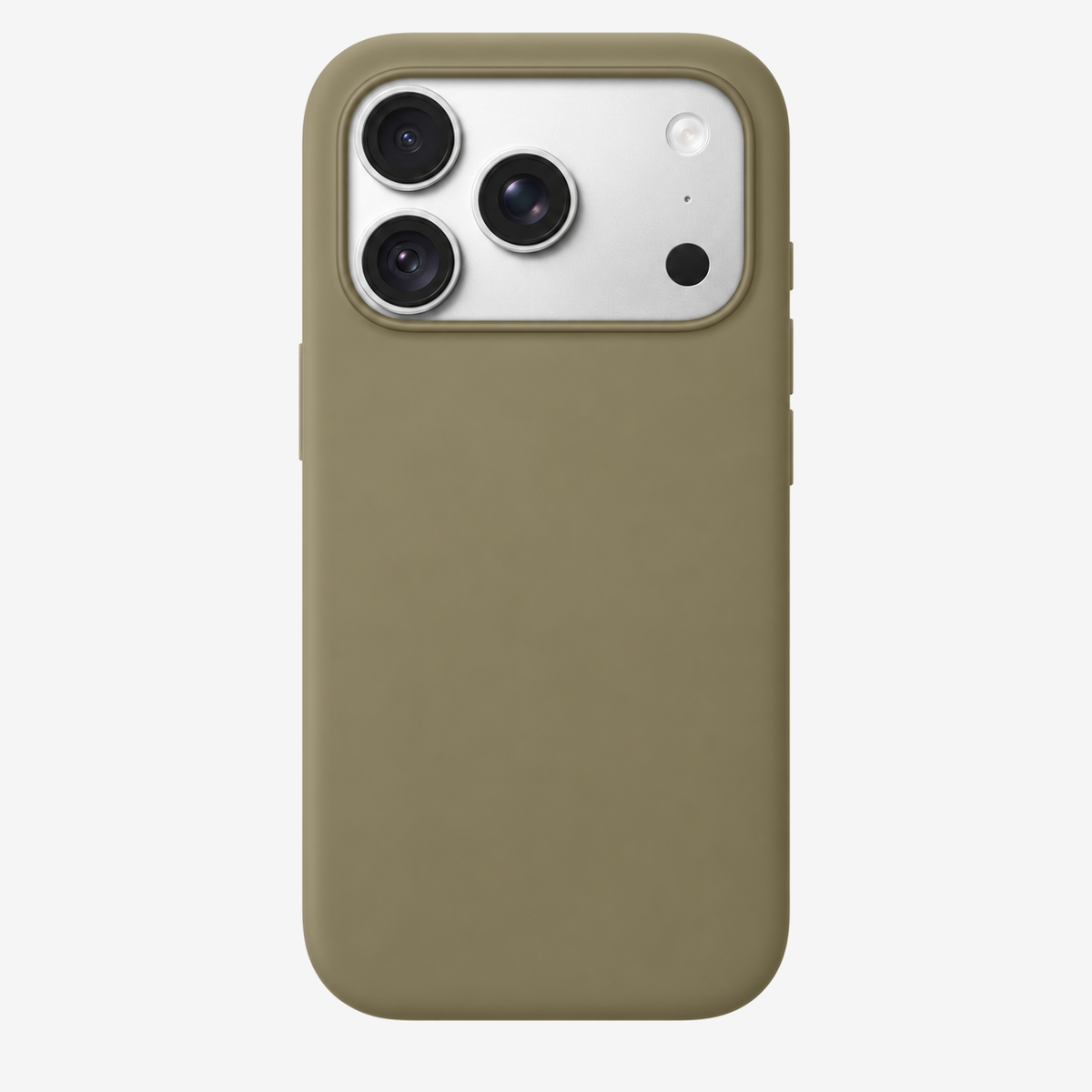Siliconenhoesje voor iPhone 18 in Olive, achteraanzicht, zonder logo op lichtgrijze achtergrond