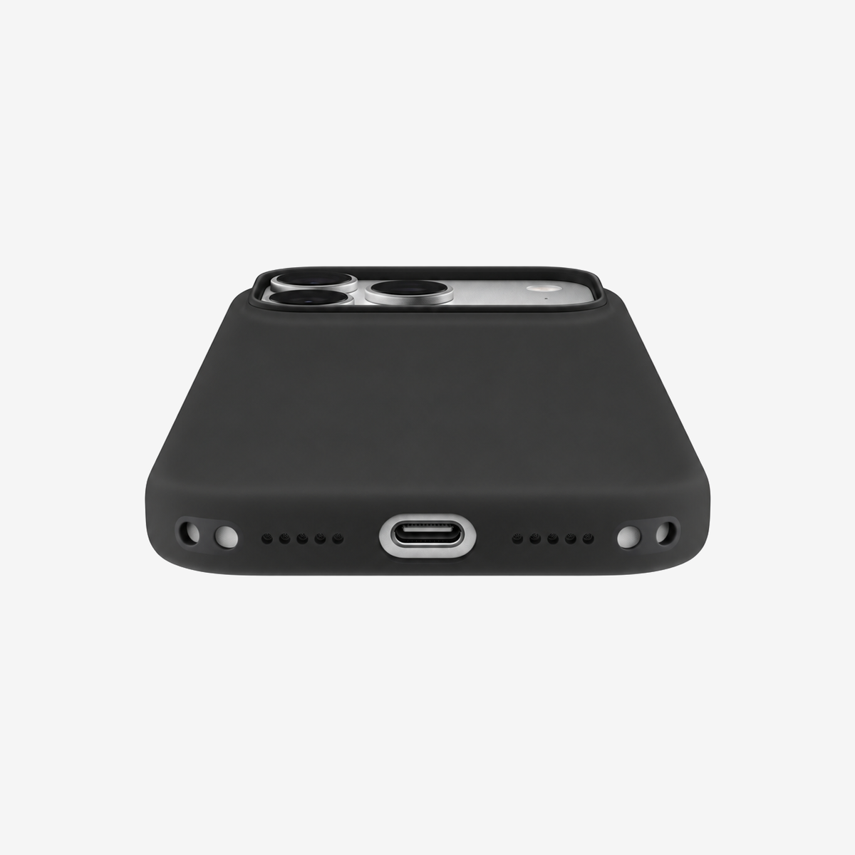 Siliconenhoesje voor iPhone 18 Pro Max in Black, onderaanzicht, zonder logo op lichtgrijze achtergrond
