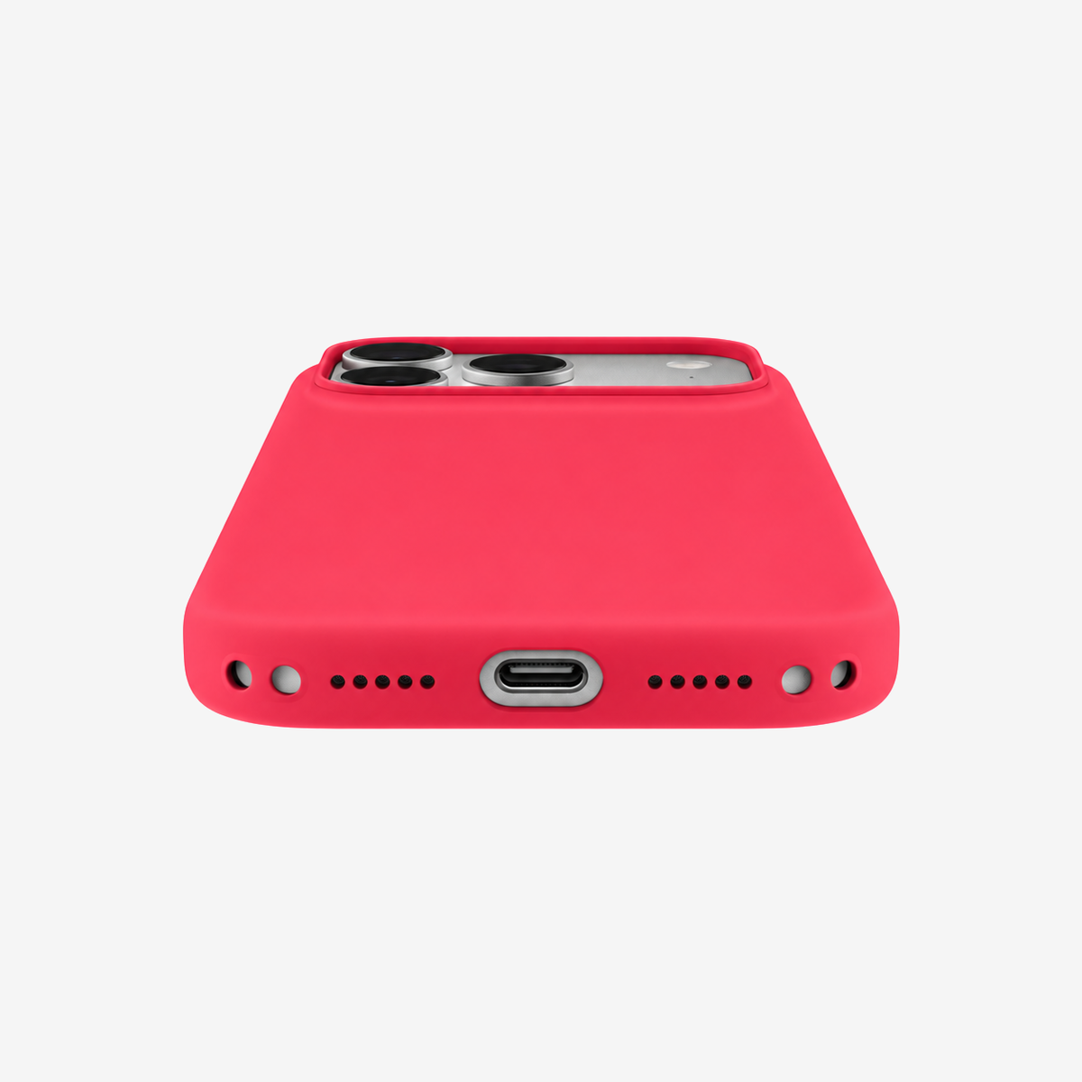 Siliconenhoesje voor iPhone 18 Pro Max in Bright Guava, onderaanzicht, zonder logo op lichtgrijze achtergrond