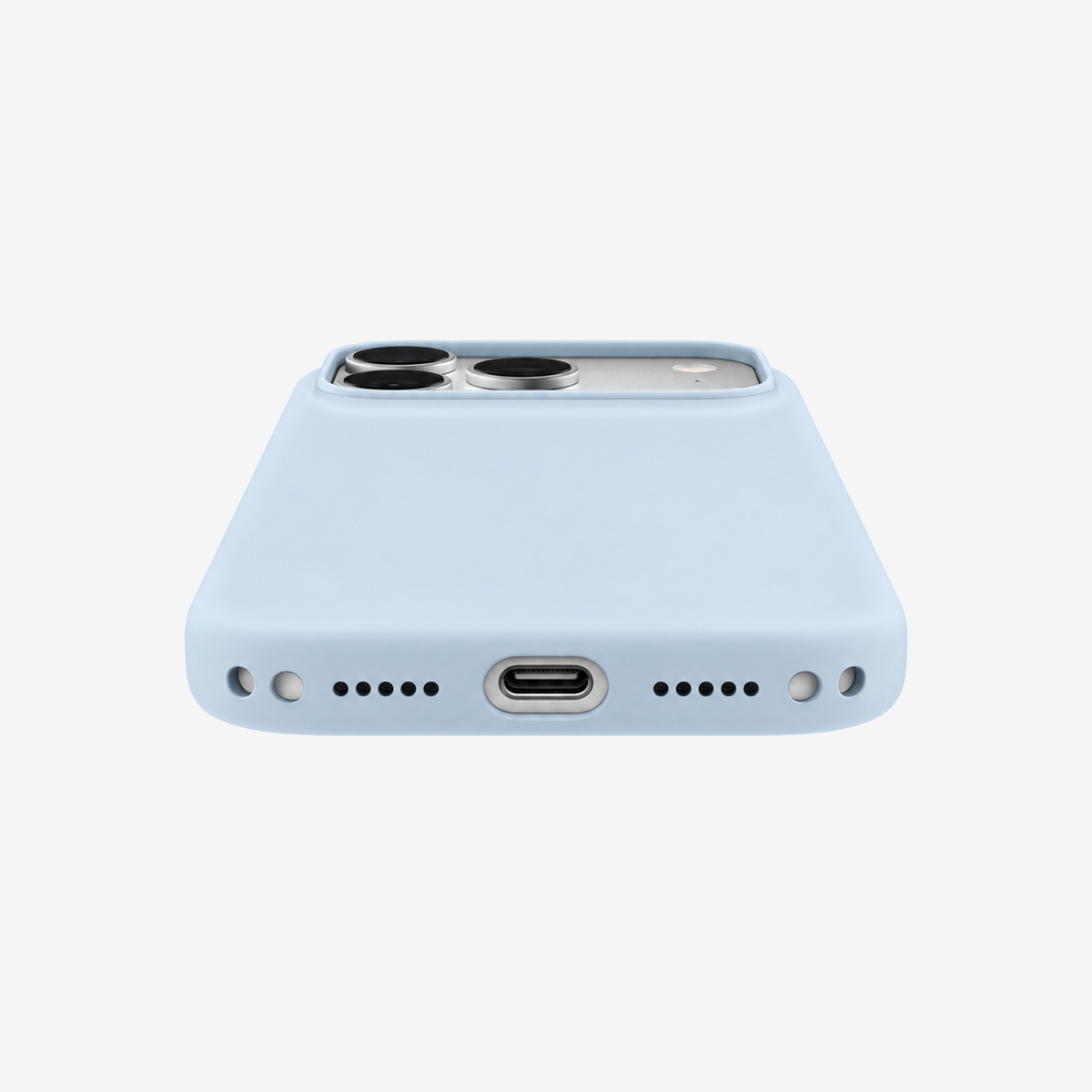 Siliconenhoesje voor iPhone 18 Pro Max in Crisp Blue, onderaanzicht, zonder logo op lichtgrijze achtergrond