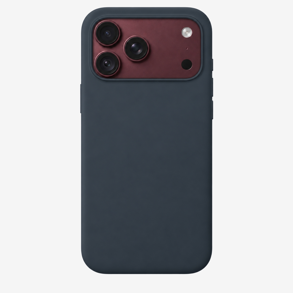Siliconenhoesje voor iPhone 18 Pro Max in Navy Blue, achteraanzicht, zonder logo op lichtgrijze achtergrond