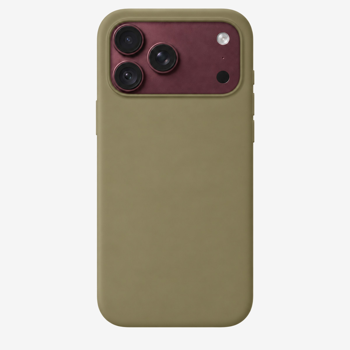 Siliconenhoesje voor iPhone 18 Pro Max in Olive, achteraanzicht, zonder logo op lichtgrijze achtergrond