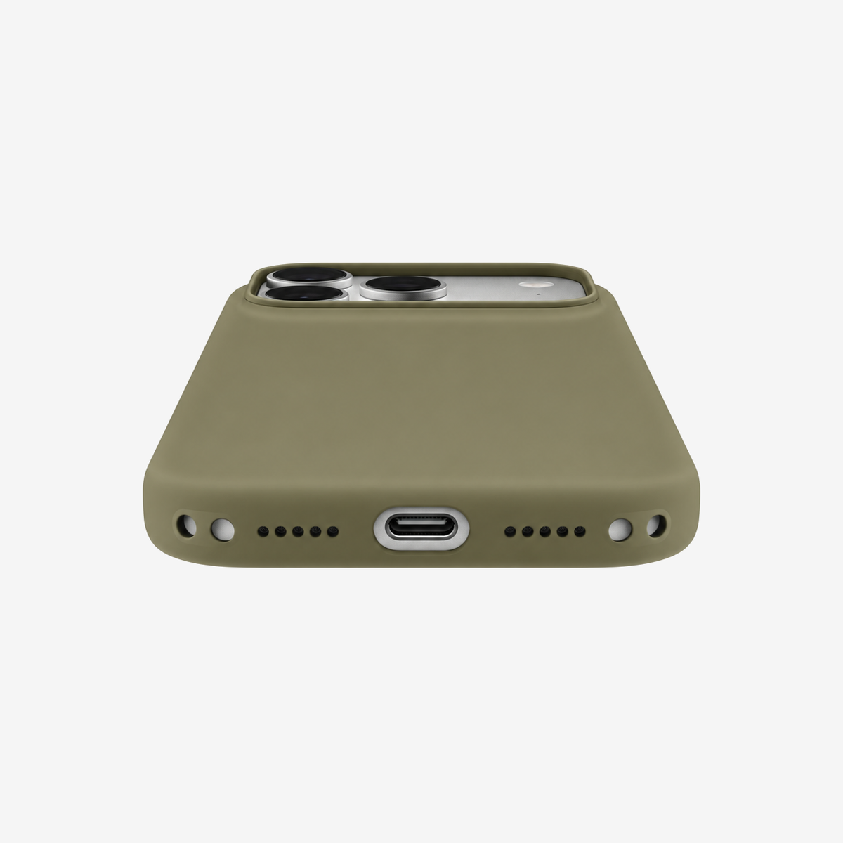 Siliconenhoesje voor iPhone 18 Pro Max in Olive, onderaanzicht, zonder logo op lichtgrijze achtergrond