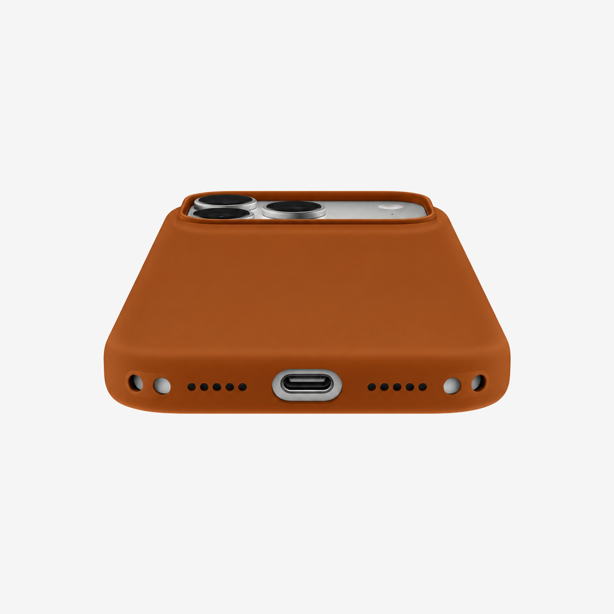 Siliconenhoesje voor iPhone 18 Pro Max in Terracotta, onderaanzicht, zonder logo op lichtgrijze achtergrond