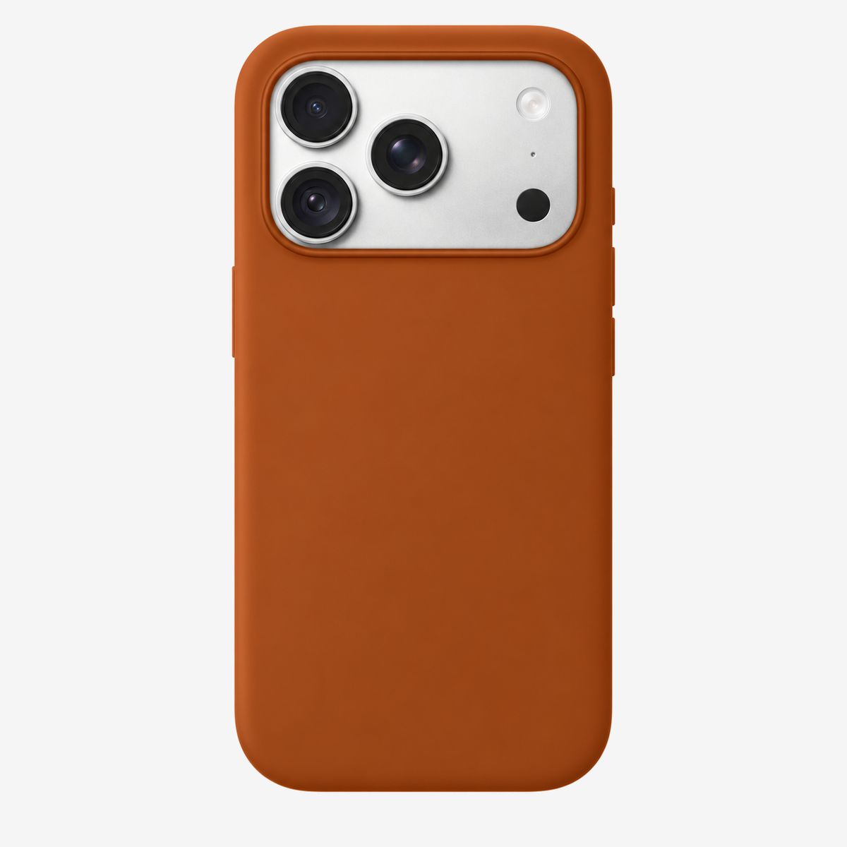 Siliconenhoesje voor iPhone 18 Pro in Terracotta, achteraanzicht, zonder logo op lichtgrijze achtergrond