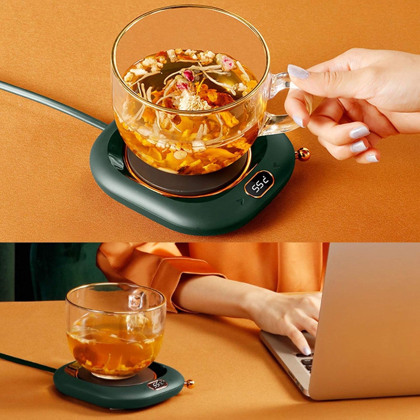 Mokverwarmer voor thee en gebruik op het bureau