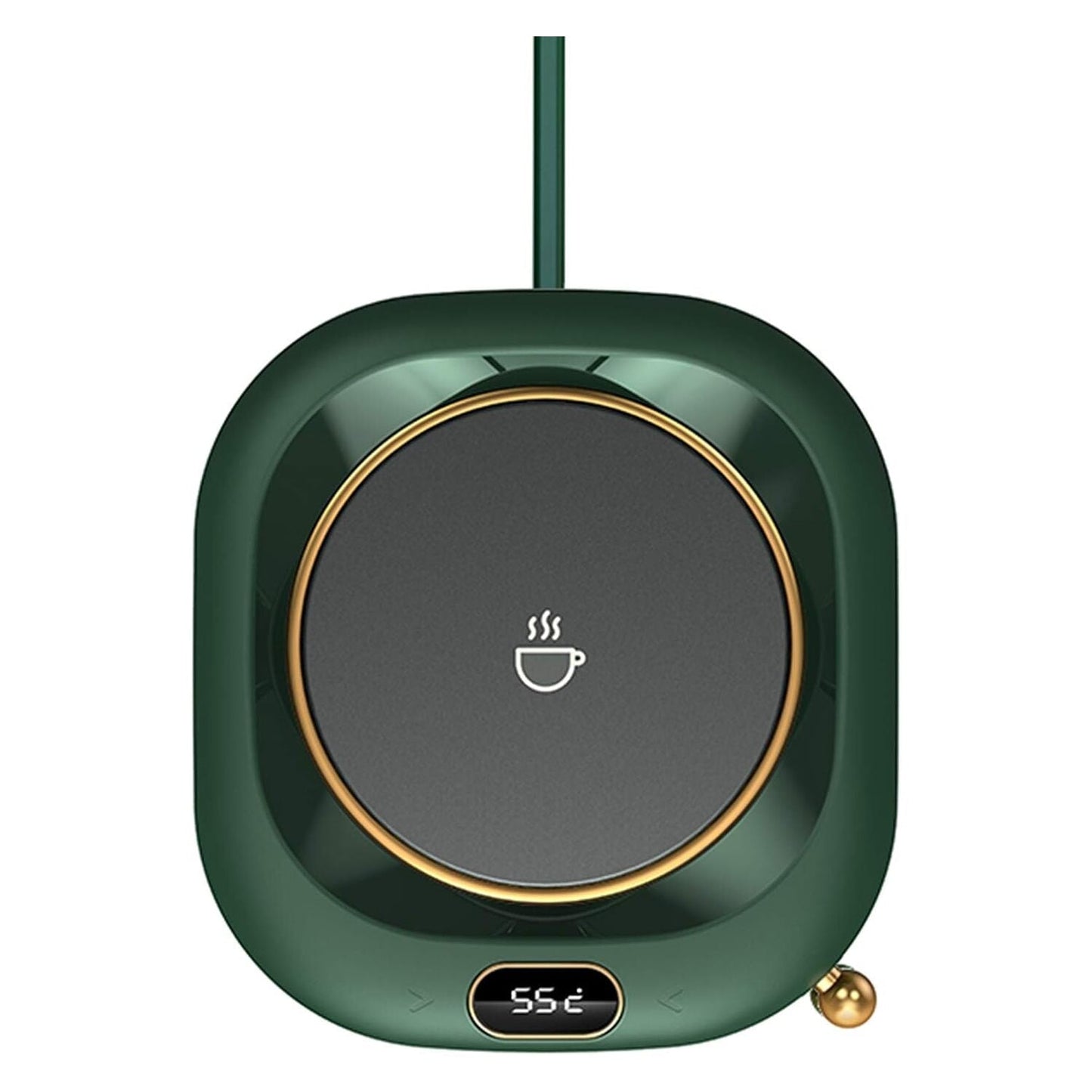 Donkergroene mokverwarmer met display en voedingskabel