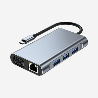 11-in-1 USB-C Hub USB Splitter USB Hub USB-C Dock met USB 3.0 4K UHD HDMI VGA SD en Micro SD Kaartlezer AUX Internet Adapter MacBook Windows Tablet