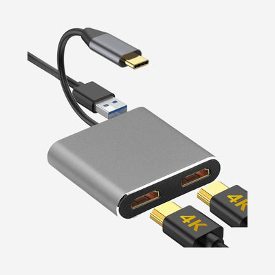 USB-C Hub Adapter 4-in-1 Dual 4K HDMI USB-C en USB 3.0 Docking Station Splitter Zwart Geschikt voor Laptop MacBook en Notebook