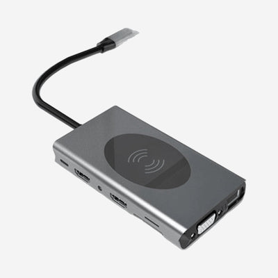 14-in-1 USB-C Hub met Draadloze Oplader Type-C Multipoort Adapter 2x HDMI 4K VGA 87W 5x USB 3.0 Ethernet SD TF Kaartlezer Audio Geschikt voor MacBook PC Laptop