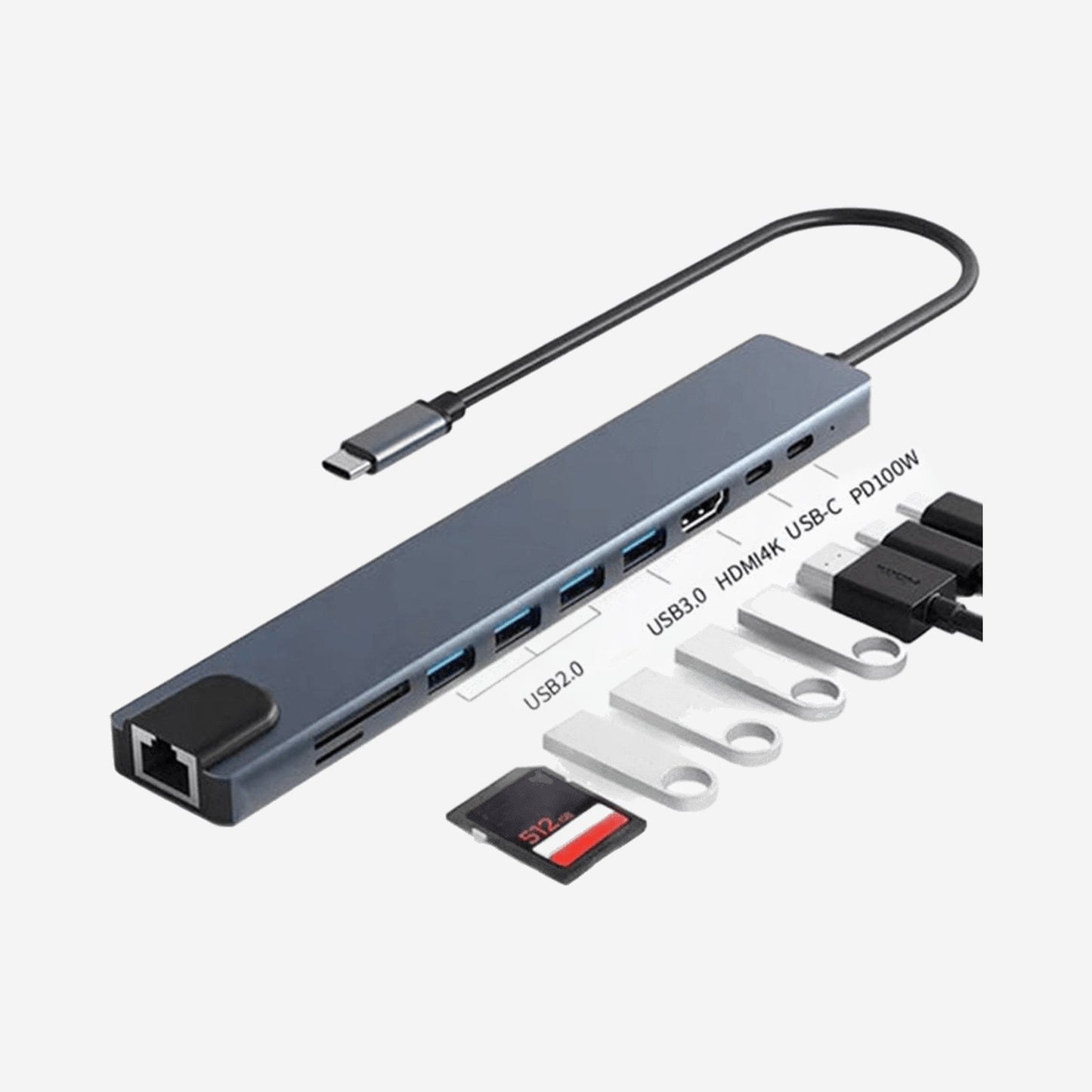 USB-C Hub 10-in-1 4K HDMI USB-C 100W Snellader 4 USB A SD TF Kaartlezer RJ45 Ethernet Poort USB Splitter voor Laptop iPhone Samsung iPad MacBook Windows