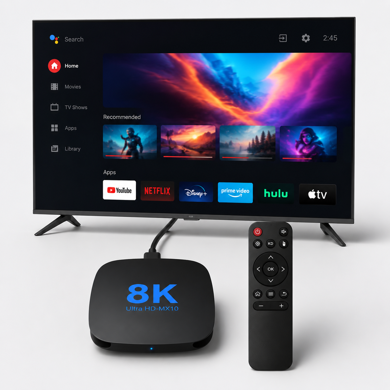 Android 13 8K MX10 TV Box aangesloten op televisie met afstandsbediening