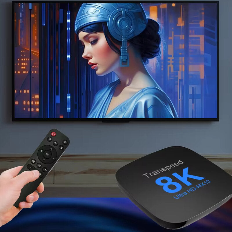 MX10 8K Android TV Box in gebruik bij een televisie
