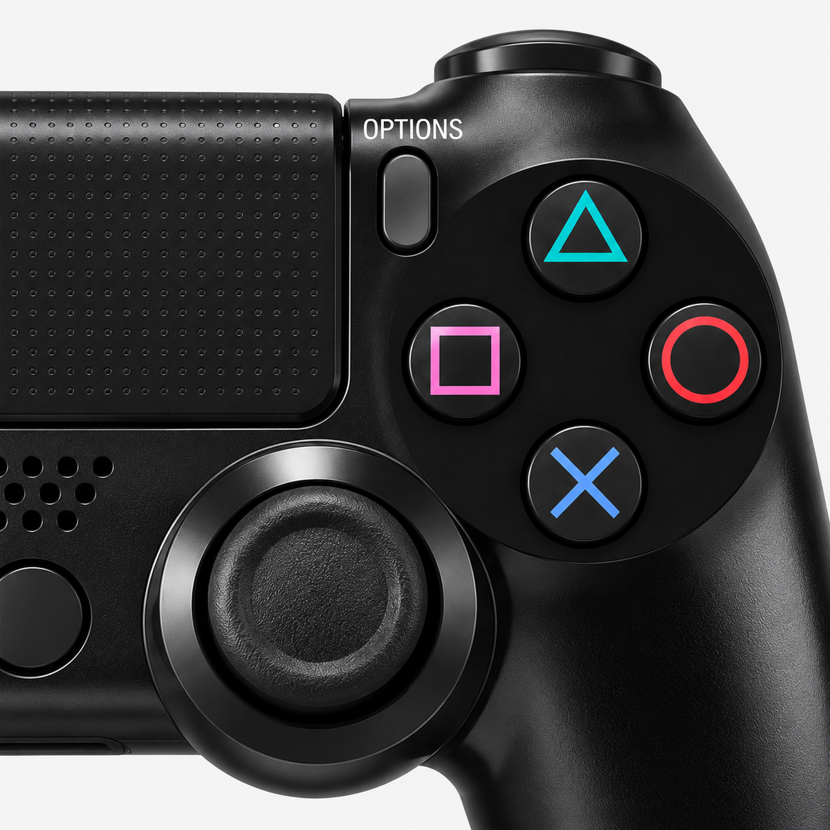 Merkloze PS4-controller Zwart (Jet Black) – detail actieknoppen (kleurillustratie)