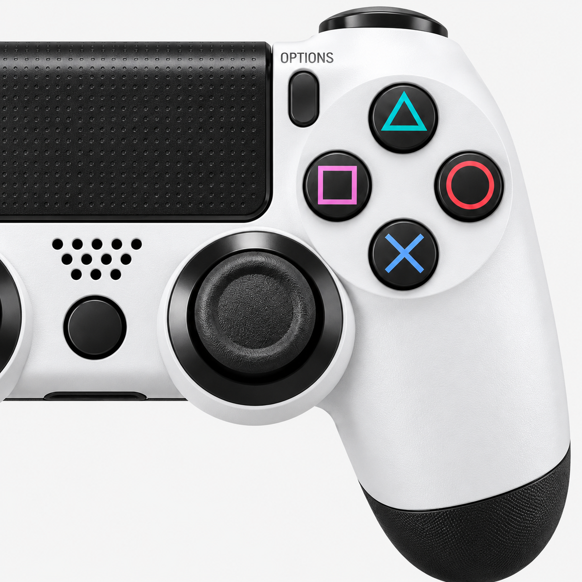 Merkloze PS4-controller Wit/zwart (Glacier White) – detail actieknoppen (kleurillustratie)