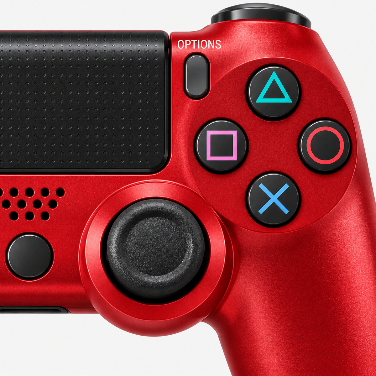 Merkloze PS4-controller Rood (Magma Red) – detail actieknoppen (kleurillustratie)