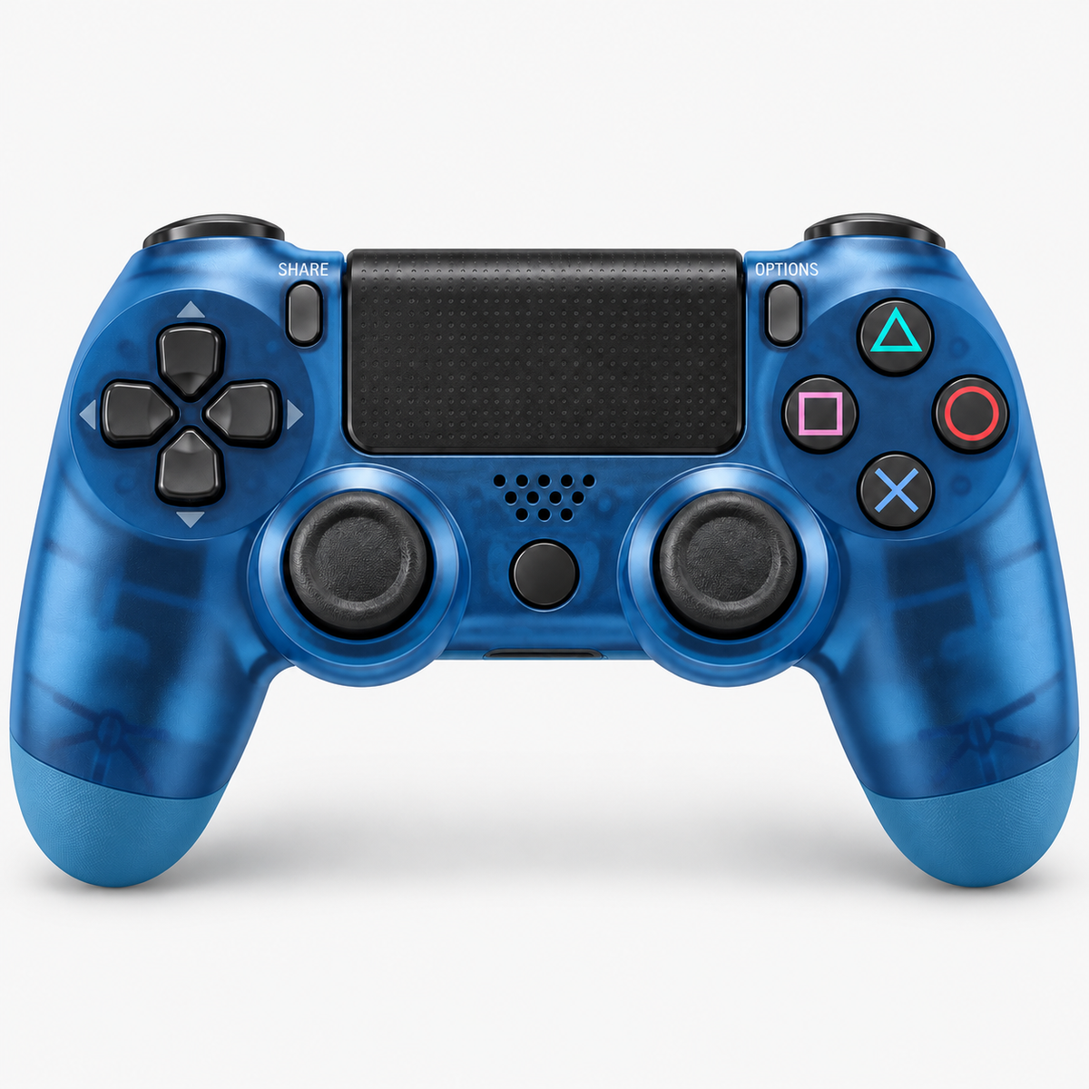 Merkloze PS4-controller Transparant blauw (Crystal Blue) – vooraanzicht (kleurillustratie)