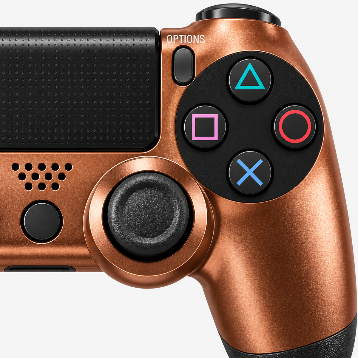 Merkloze PS4-controller Koper (Metallic Copper) – detail actieknoppen (kleurillustratie)
