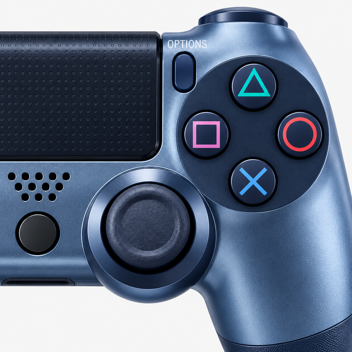 Merkloze PS4-controller Titaniumblauw (Titanium Blue) – detail actieknoppen (kleurillustratie)