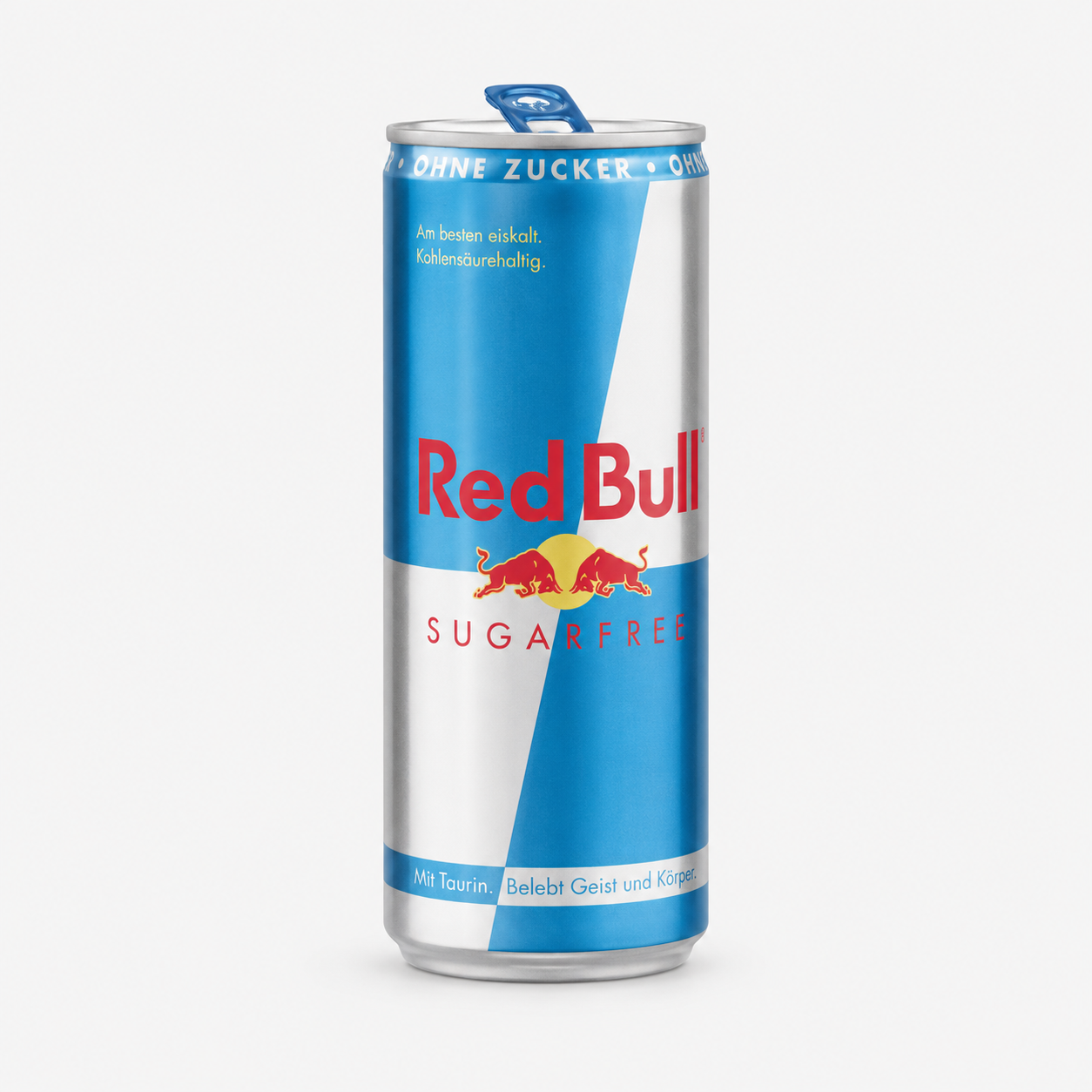 Red Bull Sugarfree 250 ml op een lichtgrijze achtergrond